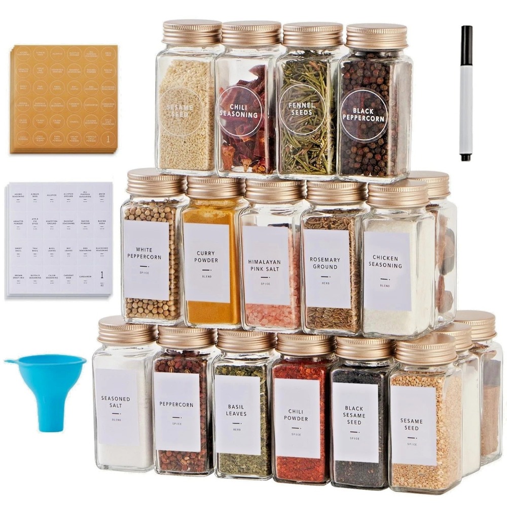 Set of 25 Glass Spice Jars Square 4" w/ Gold Metal Lids + Printed Labels Kitchen